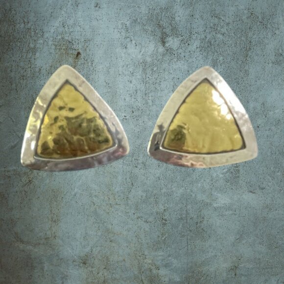 Vintage Jeep Collins Triangle Earrings Sterling Silver Brass Modernist Clip On - Picture 10 of 16